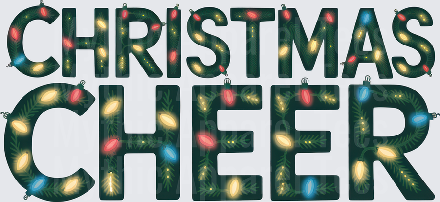Christmas Cheer Bold Letters Filled With Pine Branches and Colorful String Lights