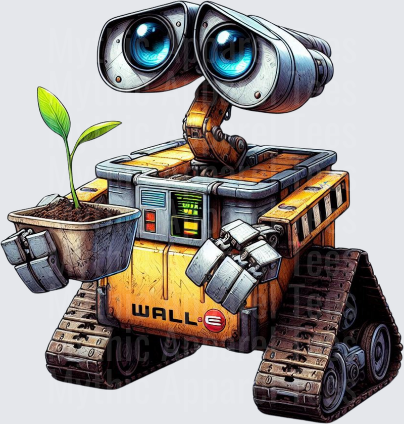 WALL-E Robot Holding Green Plant Seedling in Dirt Pot Detailed Illustrated Design