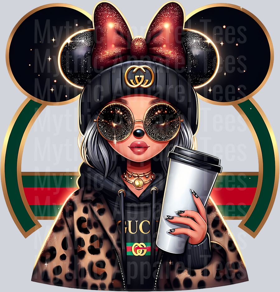 Sassy girl with big coffee cup and minnie ears Leopard print jacket Disney DTF Gucci Disney Transfers