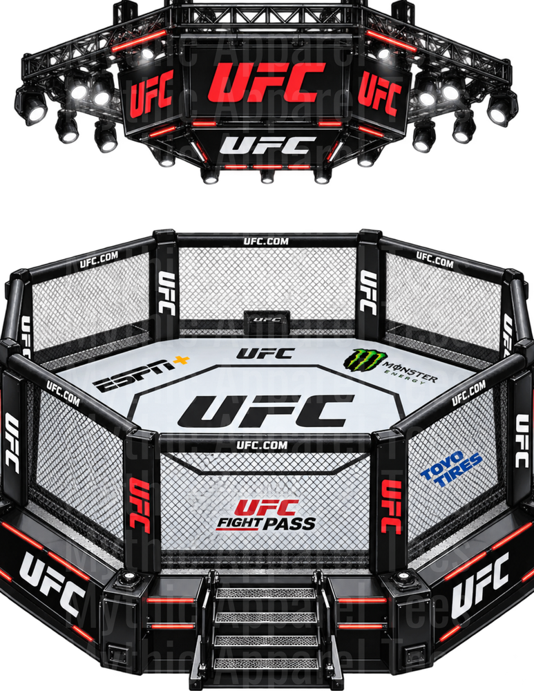 UFC Octagon Cage Arena with Overhead Jumbotron Lighting Rig Top and Bottom View MMA Fight Ring Detailed Illustration