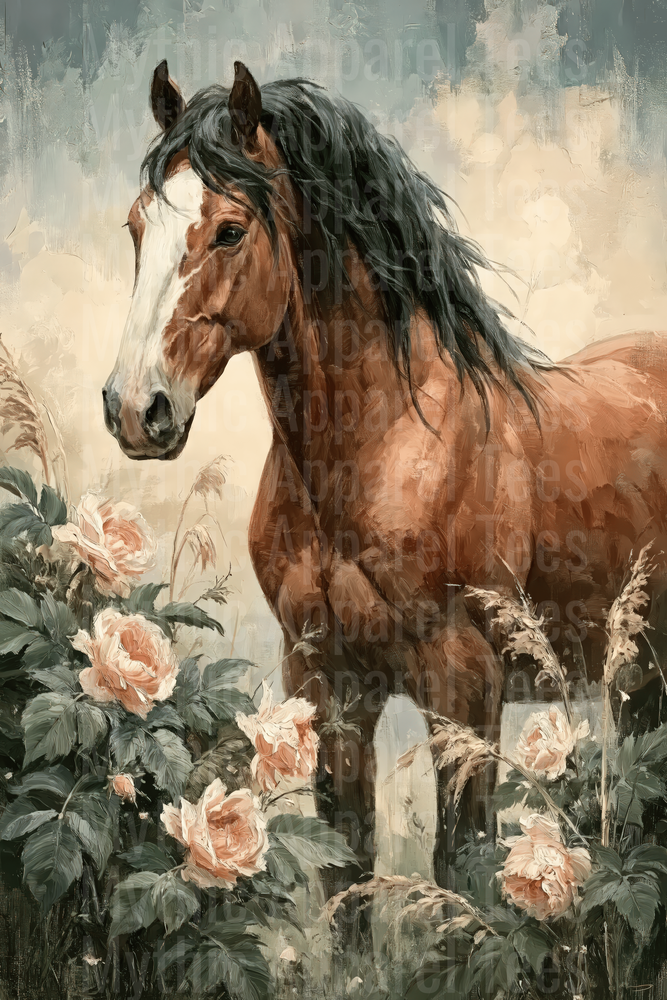 Majestic Bay Horse with Black Flowing Mane Surrounded by Blush Peach Roses Vintage Oil Painting Style