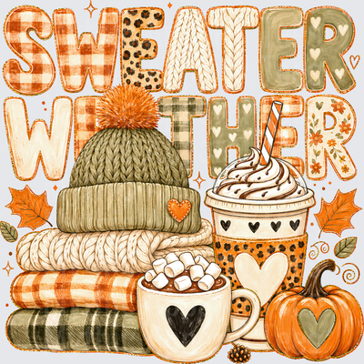 Fall Designs Sweater Weather Mixed Pattern Letter Stacked Blankets Knit Beanie Hot Cocoa Pumpkin Spice Latte Autumn Leaves Pumpkin Hearts