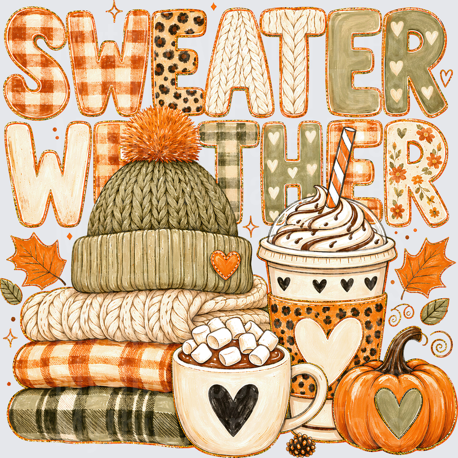 Fall Designs Sweater Weather Mixed Pattern Letter Stacked Blankets Knit Beanie Hot Cocoa Pumpkin Spice Latte Autumn Leaves Pumpkin Hearts