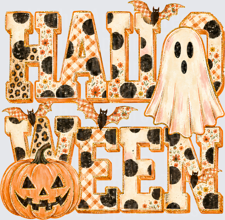 Fall Designs Halloween Patchwork Letter Design with Ghost Bats Jack-O-Lantern Leopard Print Plaid Polka Dot Floral Boho Autumn