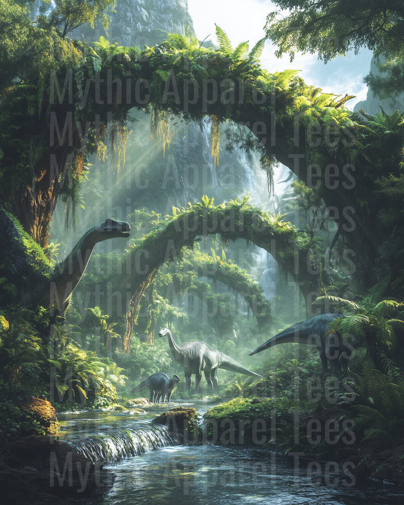 Prehistoric Brachiosaurus Herd in Lush Jungle Paradise with Waterfall and Fern Archway