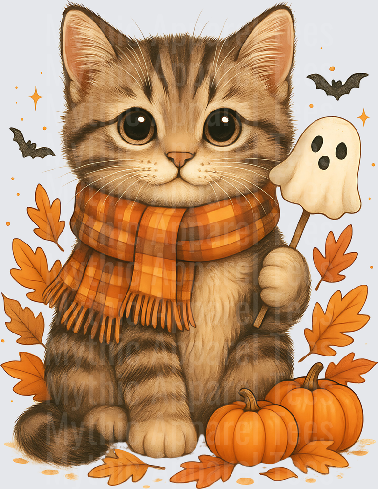 Cute Tabby Kitten Halloween Orange Plaid Scarf Ghost Lollipop Pumpkins Autumn Leaves Bats