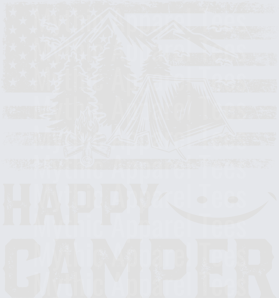 Happy Camper Distressed American Flag Tent Campfire Mountain Forest Smiley Face Patriotic Outdoor