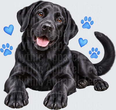Here are the beginnings for both title and description:
**Title:**
Happy Black Labrador Retriever with Blue Paw Prints and Hearts
**Description:**
This adorable design features a realistic black Labrador Retriever
