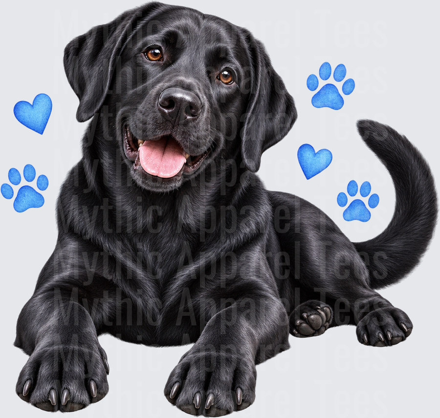 Here are the beginnings for both title and description:
**Title:**
Happy Black Labrador Retriever with Blue Paw Prints and Hearts
**Description:**
This adorable design features a realistic black Labrador Retriever