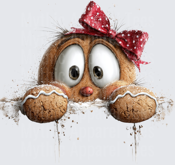 Cute Gingerbread Girl Peeking Over Edge with Red Polka Dot Bow and Big Cartoon Eyes
