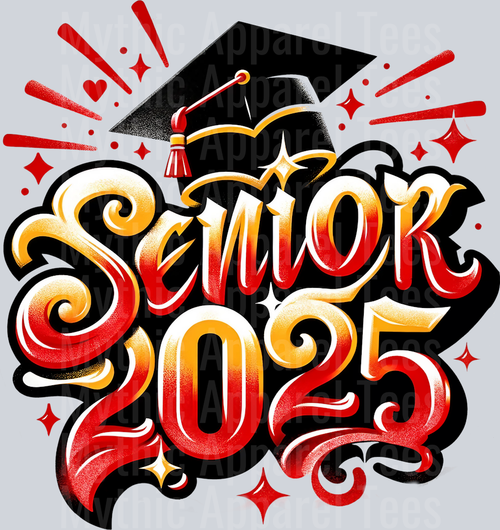 0045 Senior 2025 Airbrushed Red and Gold DTF 2025 Senior Graduation Transfers