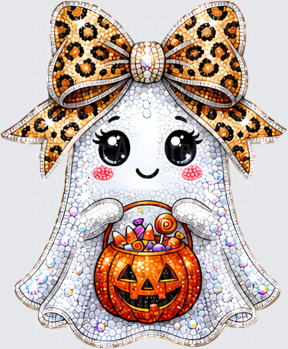 Halloween Bling Cute Ghost Girl with Leopard Print Bow Holding Jack-O-Lantern Candy Bucket Mosaic Glitter Design