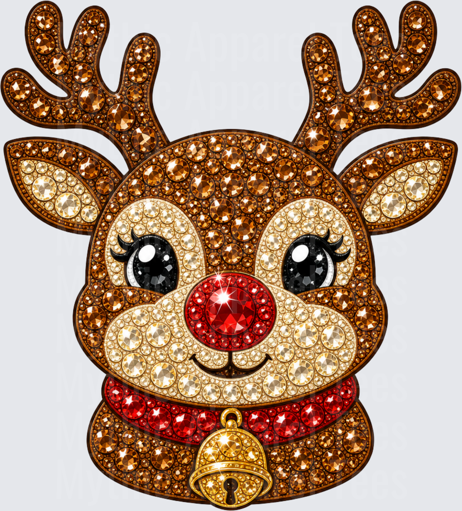 Christmas Bling Rudolph the Red Nosed Reindeer Rhinestone Diamond Art Jewel Embellished Face with Gold Bell Collar