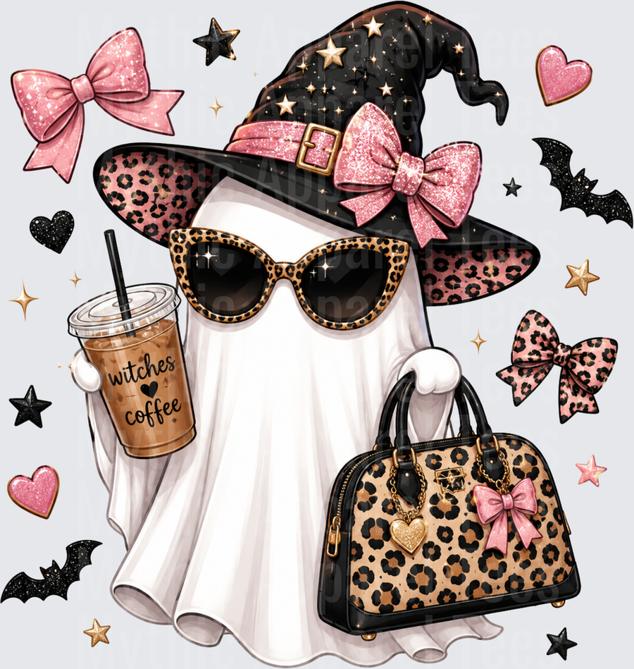 Sassy Halloween Ghost Witch with Leopard Print Sunglasses Iced Coffee Witches Love Coffee Pink Glitter Bow Handbag Bats Stars Hearts