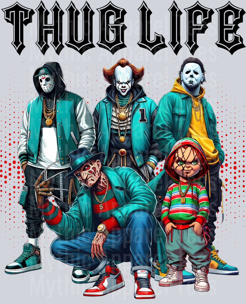 Black Pointy Letters Cartoon THUG LIFE Freddy Krueger Jason Vorhees Michael Myers Pennywise Frankenstein Gangster Pose Horror Movie DTF Thug Life Transfers