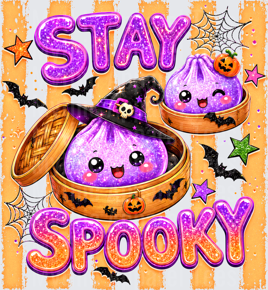 Neon Glitter Stay Spooky Kawaii Dim Sum Dumplings Halloween Witch Hat Pumpkin Bats Spider Web