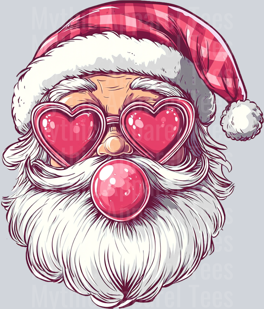 Santa blowing a gum bubble pink heart glasses DTF Christmas Transfers