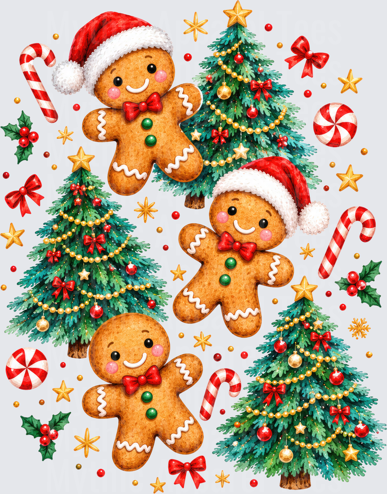 Cute Gingerbread Men with Santa Hats Christmas Trees Candy Canes Holly Stars and Festive Holiday Decorations