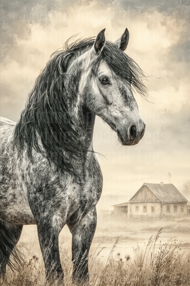 Majestic Dapple Gray Horse with Flowing Mane Vintage Farmhouse Sepia Illustration