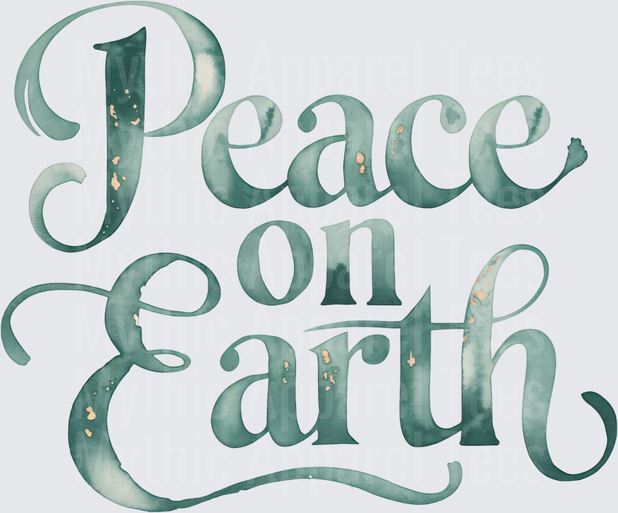 Peace on Earth Watercolor Teal Script Lettering with Gold Fleck Accents Holiday Sentiment