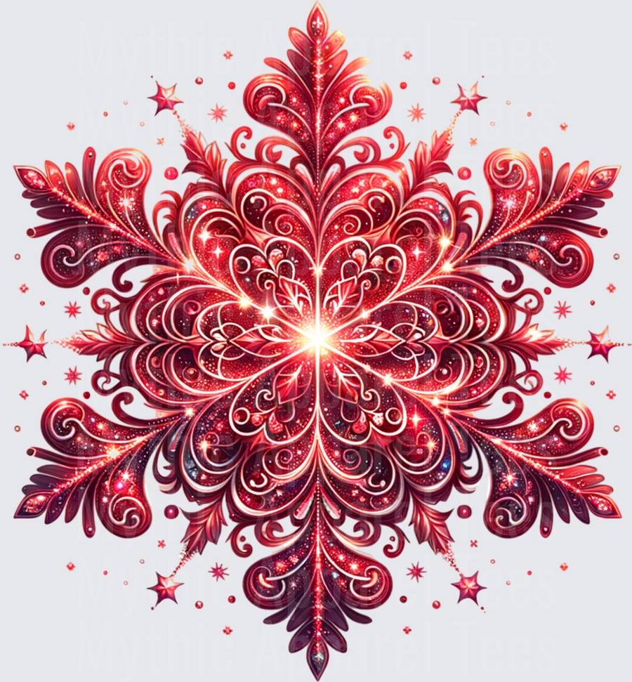 Glittering Red Ornate Snowflake Mandala with Sparkling Stars and Swirling Filigree