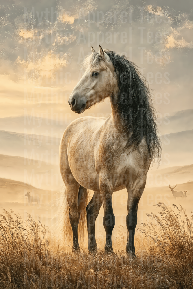 Majestic Buckskin Horse with Dark Flowing Mane Standing in Golden Prairie Grassland at Sunset