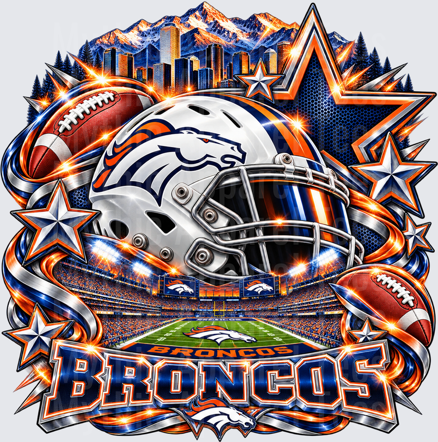 Football Denver Broncos Helmet Stadium Skyline Rocky Mountains Orange Blue Stars Bold Graphic