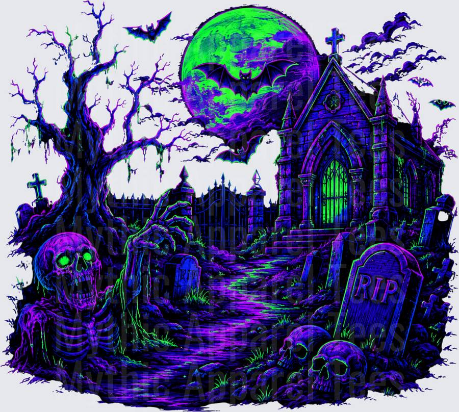 Neon Gothic Graveyard Scene with Glowing Green Moon Rising Skeleton Bats and Haunted Mausoleum Purple Black Light Horror Cemetery