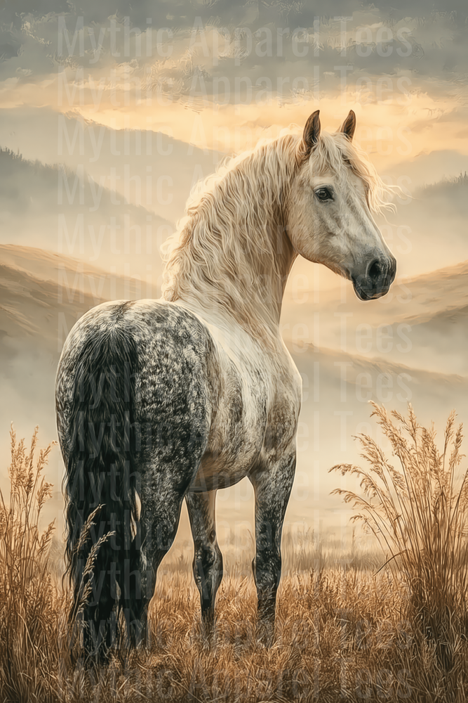 Majestic Dapple Gray Horse Standing in Golden Meadow with Misty Mountain Sunset Background