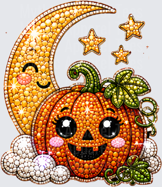 Halloween Bling Bejeweled Smiling Jack-O-Lantern Pumpkin with Crescent Moon Stars and Clouds Diamond Art Style