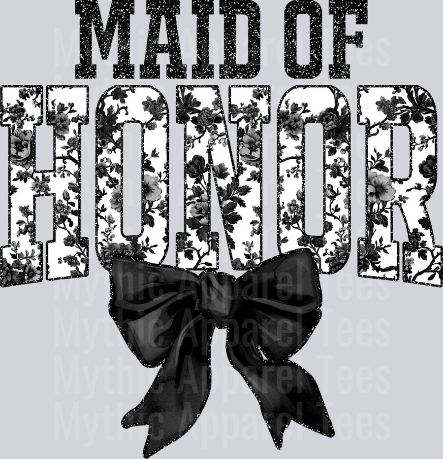 Black Maid Of Honor College Font With Bow Floral Pattern Wedding