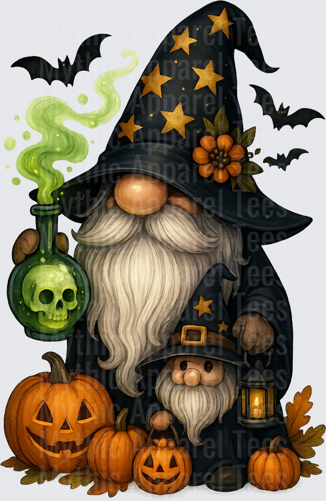 Halloween Witch Gnomes with Skull Potion Bottle Jack-O-Lanterns and Flying Bats