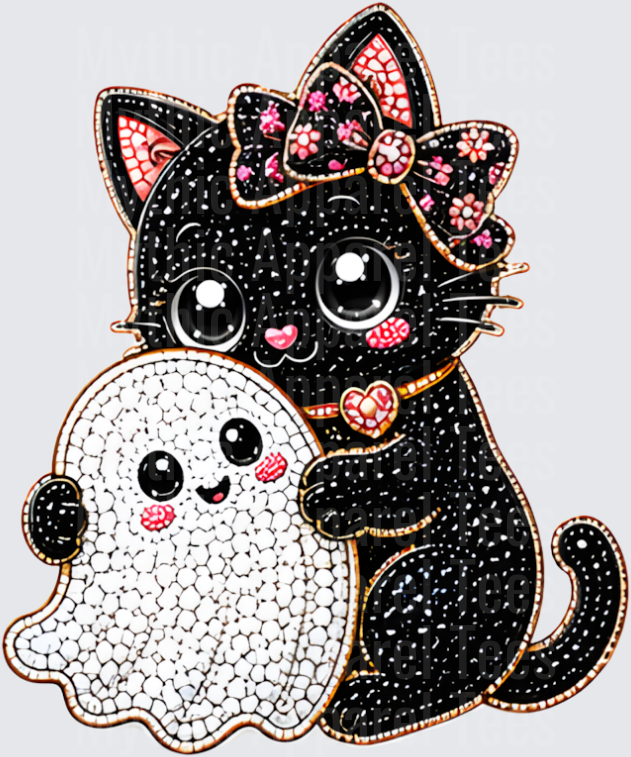 Halloween Bling Cute Black Cat with Pink Floral Bow Hugging Kawaii Ghost Rhinestone Sparkle Design