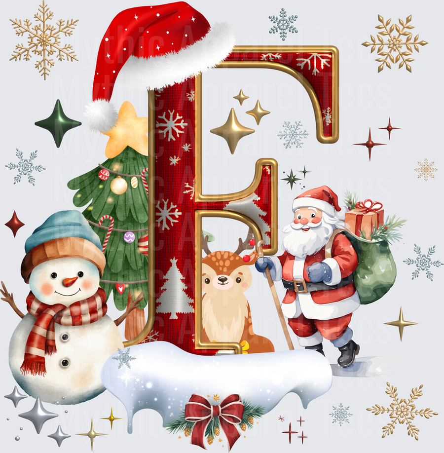 Christmas Holiday Letter F with Santa Claus Snowman Reindeer and Christmas Tree Gold and Red Monogram with Snowflakes and Stars
