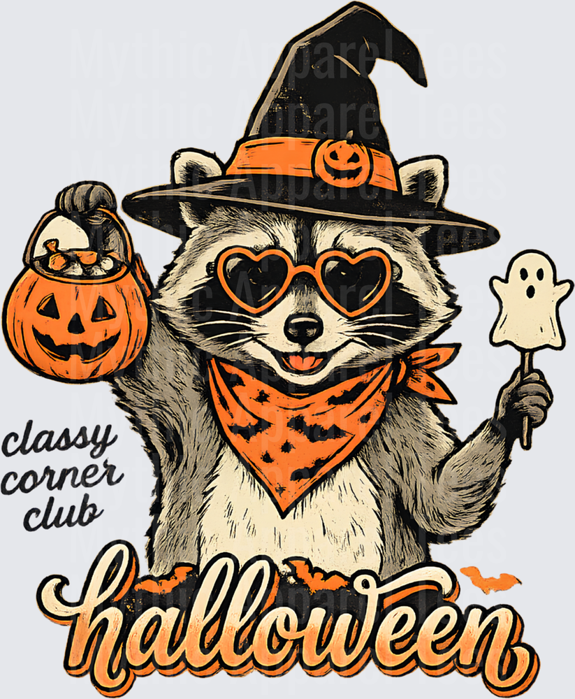 Cute Raccoon Witch Halloween Design with Heart Sunglasses Jack-o-Lantern Candy Bucket and Ghost Lollipop