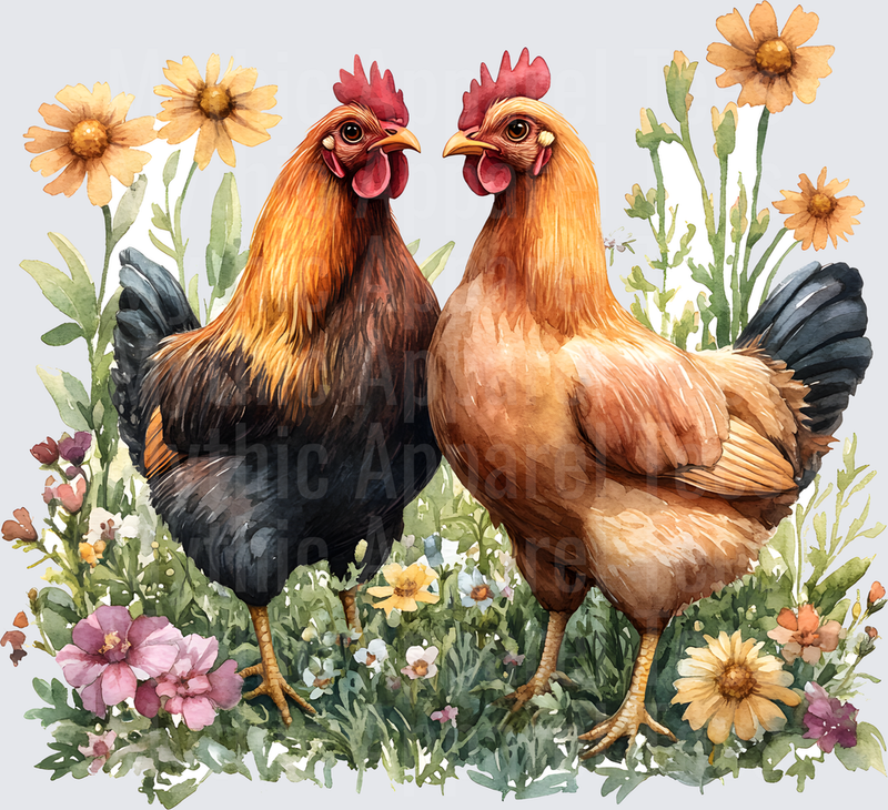 Farm Life and Farm Animals Watercolor Chicken Duo Wildflower Garden