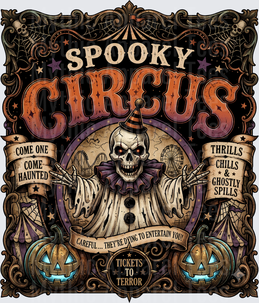 Spooky Circus Skeleton Clown Halloween Vintage Poster with Jack-o-Lanterns Thrills Chills Ghostly Spills Tickets To Terror