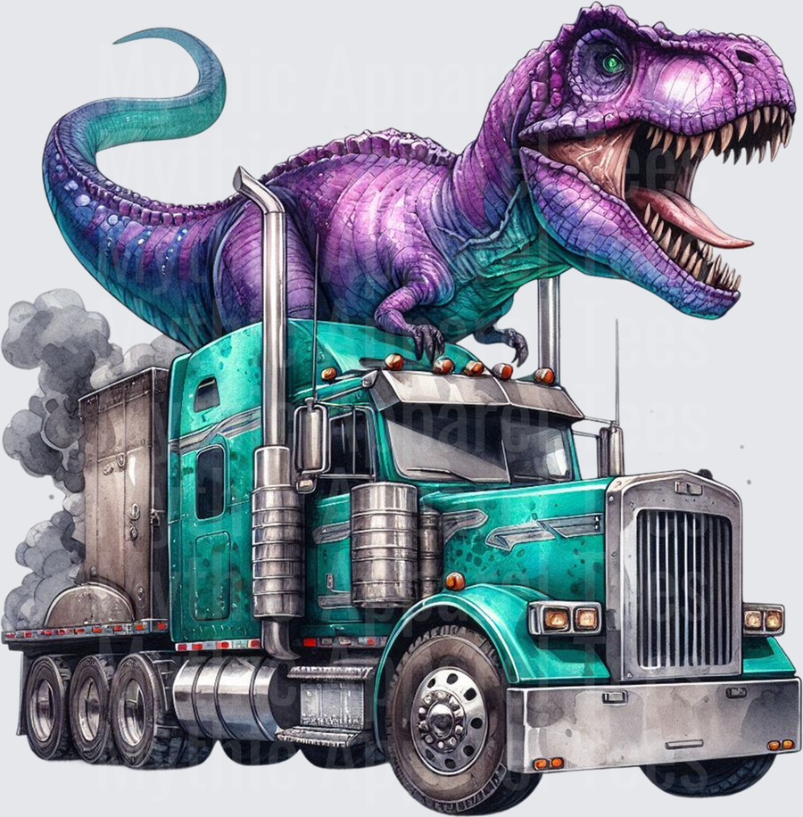 Purple Teal T-Rex Riding Semi Truck with Exhaust Smoke