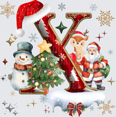 Letter X Christmas Monogram with Santa Claus, Snowman, Reindeer, and Decorated Christmas Tree surrounded by Gold and Silver Snowflakes and Stars