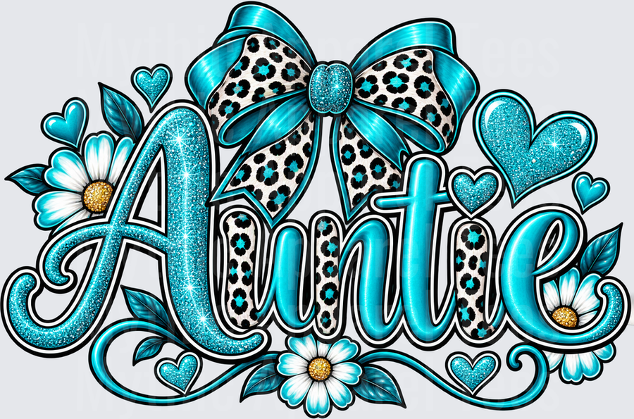 Auntie Teal Glitter Script with Leopard Print Bow Daisies and Hearts Design