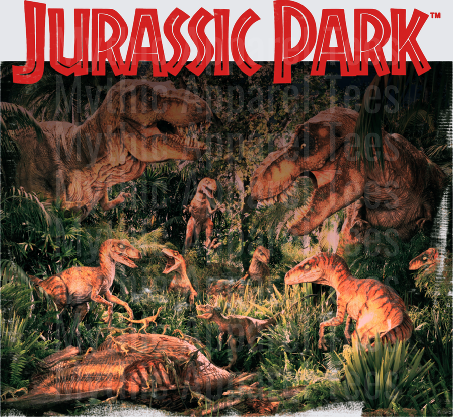 Jurassic Park Logo with T-Rex and Velociraptor Dinosaur Pack Jungle Scene