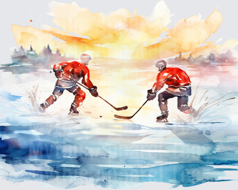 Ice Hockey Players Pond Game Watercolor Sunset Art