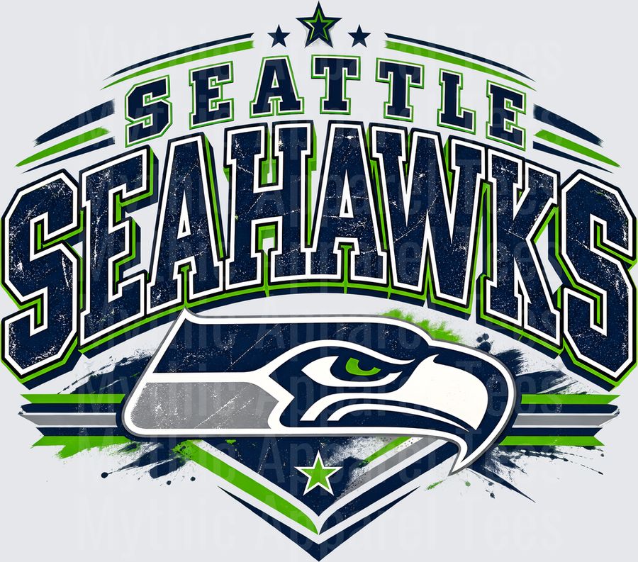 Seattle Seahawks Bold Arch Distressed Logo with Navy Green Stars Shield Design