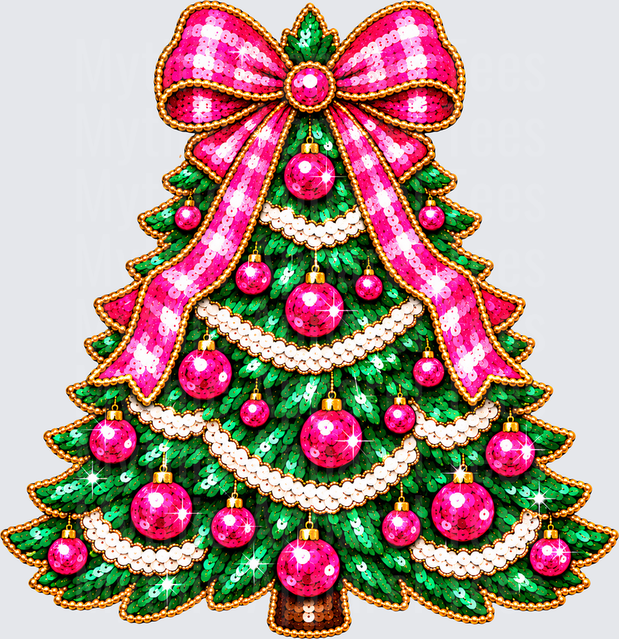 Sequin Embroidered Christmas Tree with Pink Bow and Hot Pink Ornament Balls Gold Bead Garland Holiday Design