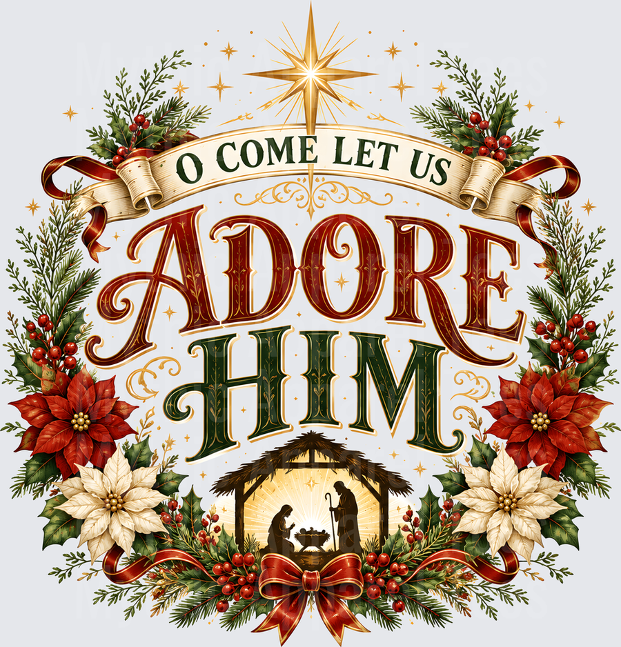 O Come Let Us Adore Him Christmas Nativity Scene with Star of Bethlehem Poinsettias Holly and Red Ribbon Wreath Design