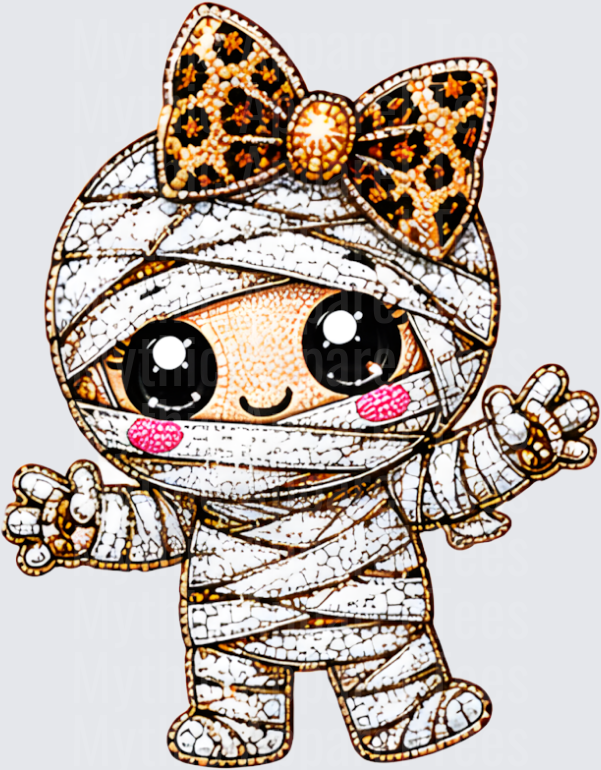 Halloween Bling Cute Kawaii Mummy Girl with Leopard Print Bow Diamond Art Style