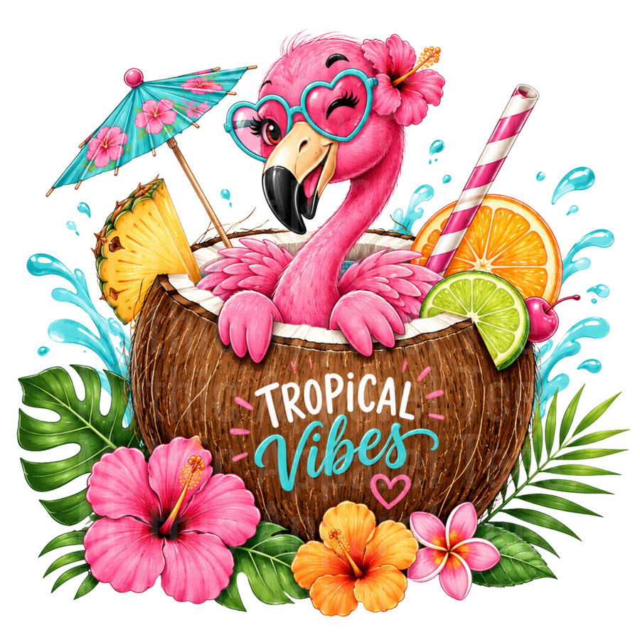 Flamingo Tropical Vibes Coconut Drink Heart Sunglasses