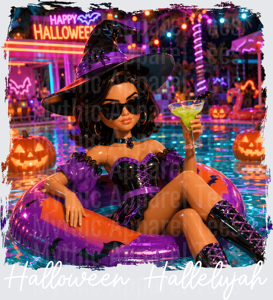 Sassy Witch Doll Floating in Halloween Pool Party with Martini and Jack-o-Lanterns Neon Happy Halloween Sign