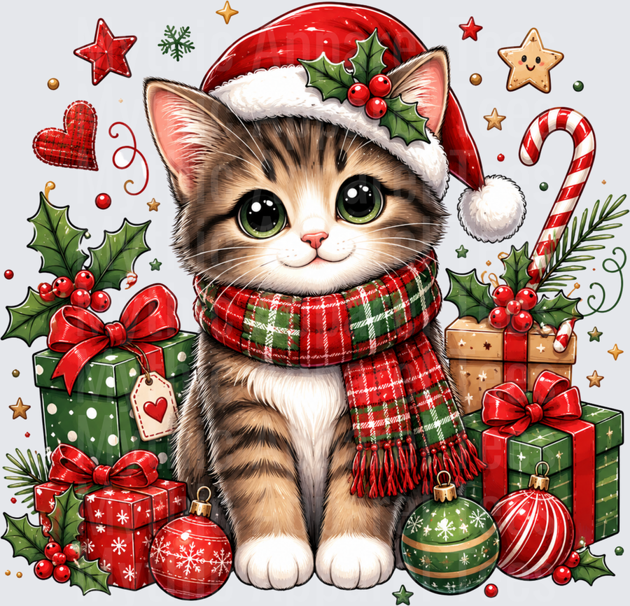 Cute Tabby Kitten Santa Hat Plaid Scarf Surrounded by Christmas Gifts Holly Ornaments and Candy Canes
