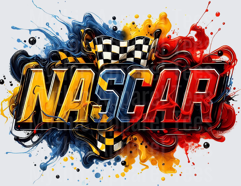 NASCAR Bold Graffiti Text with Checkered Flag and Colorful Paint Splash Explosion in Red Yellow and Blue